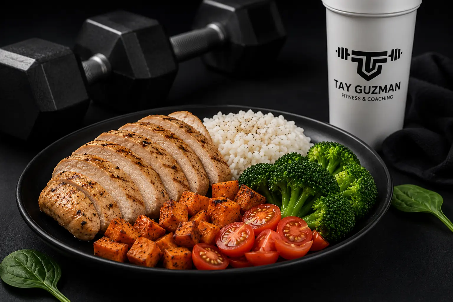 Comida nutritiva con proteínas, vegetales y carbohidratos para apoyar un plan de entrenamiento